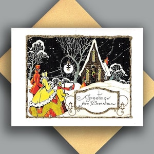 SALE glitter enkele kaart/vintage afbeelding/kerst/huisje in de sneeuw/victoriaanse/familie/sneeuwt/kaart met gouden metallic envelop