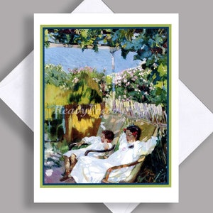 UITVERKOOP Enkele kaart/ Zomer/ Pittoresk/ 2 meisjes in de schaduw/ Tuin/ Impressionistisch/Vintage schilderij/ Enkele kaart met envelop