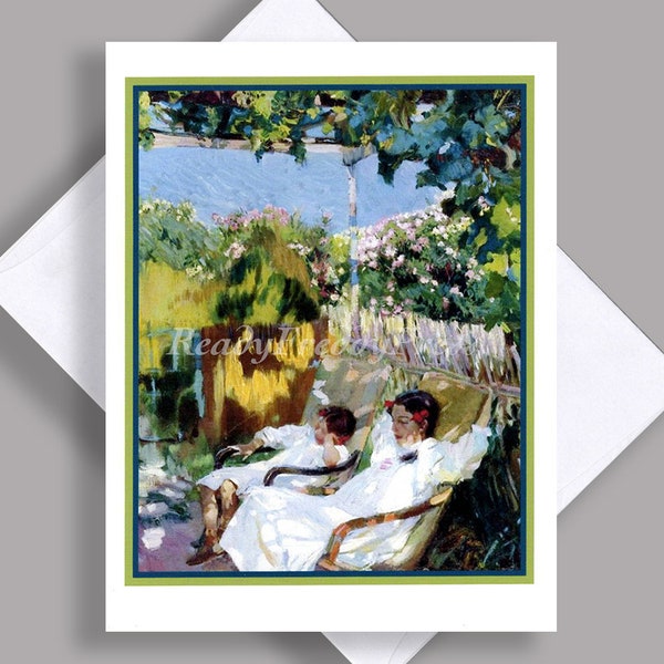 SALE Single Notecard/ Summer/ Picturesque/ 2 Girls in the shade/ Garden/ Impressionistic/Vintage Painting/ Single NoteCard with Envelope