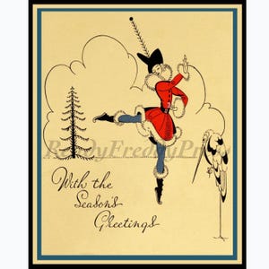 Tarjeta navideña / Festiva / Imagen vintage / Art déco / Patinadora / Años 30 / Roja / Juego de 8 tarjetas y sobres