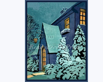 Notecard Holiday/ Christmas/ New Year/Winter/ Snow/ Cottage/ Vintage Image/ / Boxed Set of 8 with Envelopes