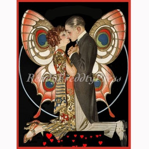アールデコ バレンタイン カード/ ノートカード/ ヴィンテージ イメージ/ 1920 年代/ キスするカップル/ 蝶/ ファッション/ 封筒付き 8 枚セット