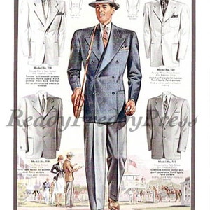 May include: A vintage advertisement featuring a man wearing a double-breasted gray suit with a matching hat and a white shirt. The ad includes text describing the suit as "Model No. 718" and "Double-breasted, with stylish welt pockets, patch pockets, and a back vent."