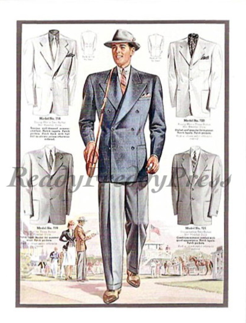 May include: A vintage advertisement featuring a man wearing a double-breasted gray suit with a matching hat and a white shirt. The ad includes text describing the suit as "Model No. 718" and "Double-breasted, with stylish welt pockets, patch pockets, and a back vent."