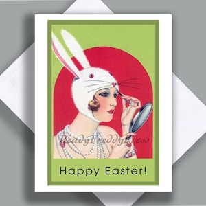 Carte de correspondance de Pâques unique avec image vintage / Art déco / Mode / Bonnet avec oreilles de lapin / Couverture de magazine « Théâtre » des années 1920 / Jolie fille / Amusant
