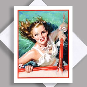 VENDA Único Notecard/Linda garota/Maiô/Verão/Natação/Ilustração Vintage 1930/Piscina/Cartão Único com Envelope