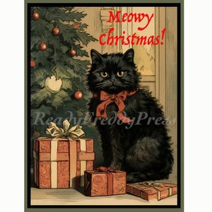 Cartes de correspondance de Noël Kitty / Fêtes / Image vintage / Black Kitty / Sous le sapin / « miaou Noël » / Lot de 8 avec enveloppes / Cartes vierges