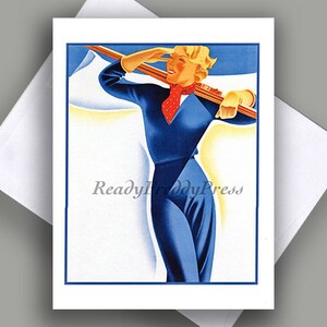 Carte de correspondance unique en vente/ image vintage 1935/ scène d'hiver/ dame avec des skis/ affiche de sport/ mode/ bleu/ carte de correspondance avec enveloppe