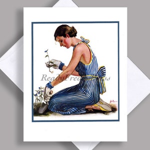 VENDA Cartão de Nota Único/ Imagem Vintage/ Jardinagem/ Menina Bonita/ Mudas/ Plantio/ Primavera/ Vestido Listrado/ Cartão de Nota com Envelope