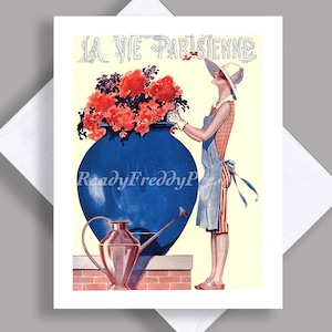 VENDA Cartão de Nota Único/ Imagem Vintage / Menina Bonita/ Vaso Azul GRANDE/ Flores/ Verão/ Regador/ La Vie Parisienne/ Cartão de Nota com Envelope