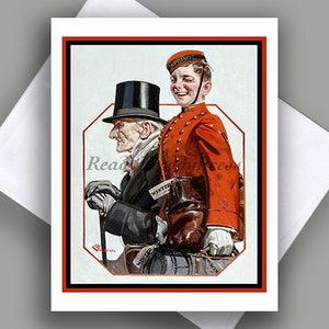 Grußkarte/ "Winter und Frühling/ Vintage Bild/"Winter"Alter Mann & ""Frühling" Hotelpage/ Charmant/ witzig/ Schlau/ Grußkarte mit Umschlag."