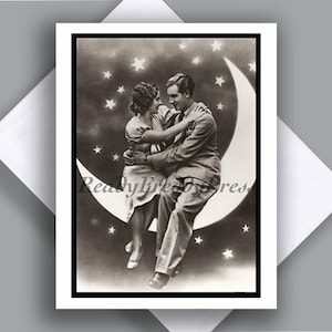 Carte pour lettres unique/photo vintage/ amoureux/ années 30/ couple/ lune et étoiles/ romance/ amour/ amoureux/ carte simple avec enveloppe