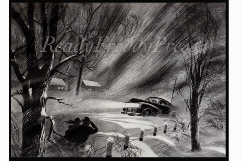 Carte : neige/Noël/hiver/Blissard/campagne/image vintage/Ellison Hoover/années 1920/boîte de 8 cartes avec enveloppes image 1