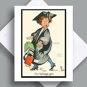 Enkele afstudeerkaart/vintage afbeelding / hogeschool/ middelbare school/ jong meisje/ pet en jurk/ leuk/ humoristisch/ muis!/ studente/ cadeaukaart/