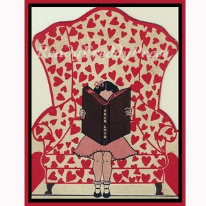 Biglietti di San Valentino/Sedia grande/Bambina/Libro del vero amore/Cuori/Immagine vintage/8 biglietti con buste/Vuoti