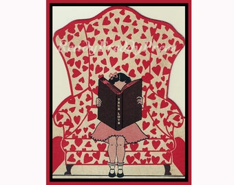 Valentine Notecards/ Big Chair/ Little Girl/ True Love Book/ Hearts/ Vintage Image/8 Cards with Envelopes/ Blank