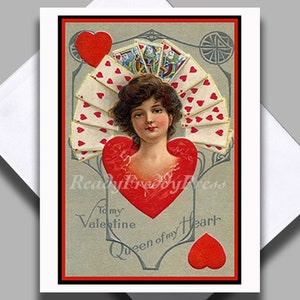 Cartão de amor único/ Dia dos namorados vitoriano/ Romance/ Amor/ Rainha do meu coração/ Art Nouveau/ Cartas de baralho/ Cartão único com envelope