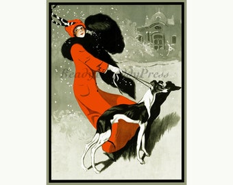 Vintage Art Deco Notecards/ Vintage Image/ Holiday Christmas /Winter/ Snowing/ Snowy Dog Walking / Art Deco Lady/ 8 cards &envelopes