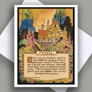 Puede incluir: Tarjeta de felicitación vintage con una ilustración de una casa pintoresca con tejado de tejas rojas, rodeada de flores y árboles coloridos. La tarjeta presenta la palabra "YOU" y un poema sobre la amistad.