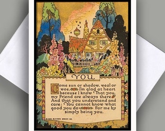 Friendship "You" Single Notecard/ Vintage Image/ Buzza Motto/ Cottage/ Kindness/Affectionate/Caring/ Blank/ Single Notecard with envelope