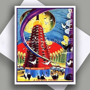 May include: A vintage postcard illustration depicting a futuristic city on Pluto. The city is built on a large, red planet with a purple and blue sky. The city features a tall, red building with many windows and a large, purple ramp leading up to it. The postcard is titled "A City on Pluto".