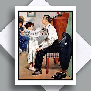Carte pour la fête des pères/image vintage/papa/mari/famille/père et fille/parent/petite fille/fixation de la cravate du père