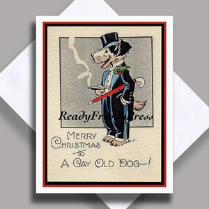 K&ouml;nnte beinhalten: Eine Vintage-Weihnachtskarte mit einem Cartoon-Hund, der einen Zylinder, einen Smoking tr&auml;gt und einen Stock h&auml;lt. Die Karte lautet "Frohe Weihnachten an einen alten, fr&ouml;hlichen Hund!"