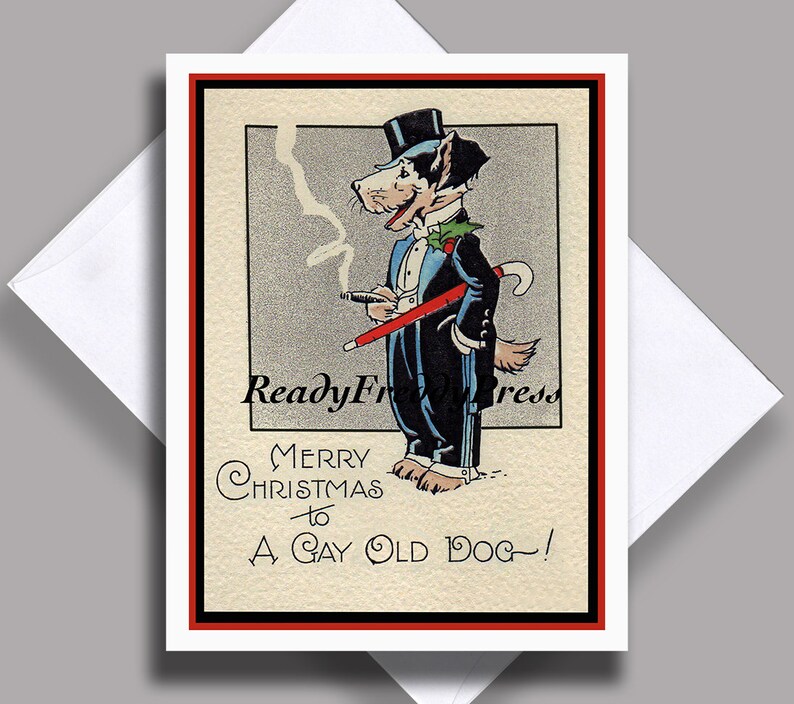 K&ouml;nnte beinhalten: Eine Vintage-Weihnachtskarte mit einem Cartoon-Hund, der einen Zylinder, einen Smoking tr&auml;gt und einen Stock h&auml;lt. Die Karte lautet "Frohe Weihnachten an einen alten, fr&ouml;hlichen Hund!"