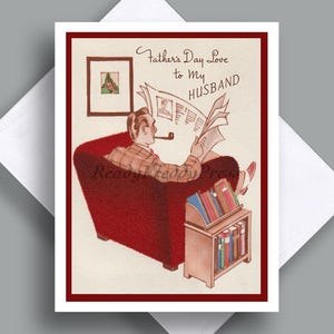 Tarjeta del Día del Padre / Imagen vintage / Papá / Esposo / Padre / Hijo / Encantador / Papel de lectura / Sillón / Padre / Abuelo