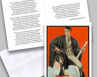 Single "IF" Graduation Notecard with Poem / Vintage Image / Leyendecker/ College/ High School/ Young Man/ Cap & Gown/Gift Card/ Proud Parent