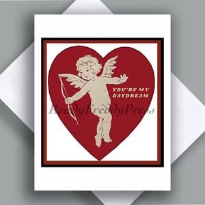 Cartão de nota único/ Fonte: Vintage Valentine/ Década de 1940/ Coração/ Cupido/ "Você é meu sonho"/ Amor/ Encantador/ Doce/ Cartão único com envelope