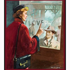 May include: A woman wearing a red coat and a black hat stands in front of a window. She is pointing at the word "LOVE" written on the window. A man in a brown hat and a brown coat is looking at her from inside the window.