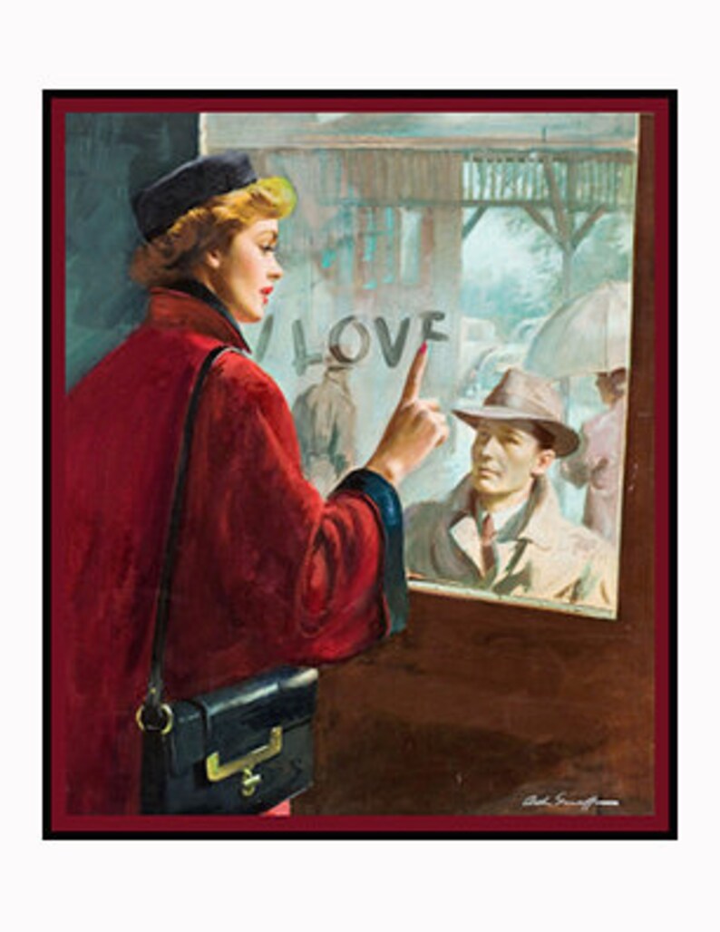 May include: A woman wearing a red coat and a black hat stands in front of a window. She is pointing at the word "LOVE" written on the window. A man in a brown hat and a brown coat is looking at her from inside the window.