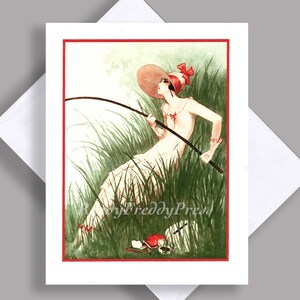 VENDA Cartão de nota único/ Linda garota/ Pesca/ Chapéu de verão/ La Vie Parisieene/ Moda/ Imagem vintage dos anos 1920/ Cartão único com envelope