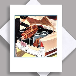 VENTE carte pour correspondance unique/vacances d'été/valises/clubs de golf/1955 Packard/publicité/illustration vintage/carte unique avec enveloppe