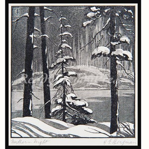Cartões de anotações de cena de neve, xilogravura vintage/ Natal/ Feriado/ Henry Eric Bergman/ Caixa com conjunto de 8 cartões com envelopes