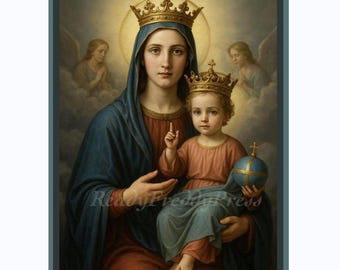 Weihnachtskarte / Religiös / Vintage Bild / Madonna & Kind / Engel / Gekrönt / Globus / Golden / Boxed Set von 8 Karten mit Umschlägen