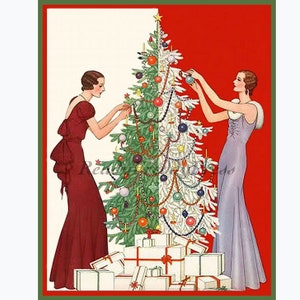 Notecards Art Deco/ Christmas/ Holiday/ Vintage Image / Tree Trimming/ Decorating/Xmas/ The Twins/Graphic/Boxed Set of 8 with Envelopes