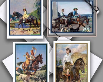 May include: Four vintage illustrations of children riding horses. The illustrations are in a cartoon style and feature a variety of horse breeds and riding styles. The illustrations are set against a variety of backgrounds, including a grassy field, a forest, and a city street.