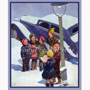 Cartes de correspondance Noël/ Vacances/ Enfants/ Neige/ Carolers/ Image vintage/ Lampadaire/8 Cartes avec enveloppes/ Vierge