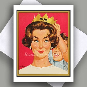 Grußkarte/ Vintage Bild/ Kleiner Junge/ Junge/ Krone halten / Muttertag/ ""MOM"/Glückwunsch/ Einzelkarte/ Innen leer."
