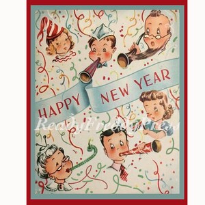 Tarjetas de Año Nuevo/ Imagen Vintage 1950s/ Celebración de Año Nuevo/ Familia / Caricaturas/Juego en caja de 8 con sobres/