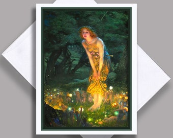Single Notecard Card Magical Beings/ Vintage Image/ Fairies/ &quot;Midsummer Eve&quot;/ Forest/ Magic/ / FirefliesSingle Notecard with Envelope