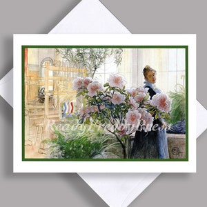 SALE enkele kaart/vintage afbeelding/azalea's/bloemen/tuin/weefgetouw/mooie dame/lente/enkele kaart met envelop