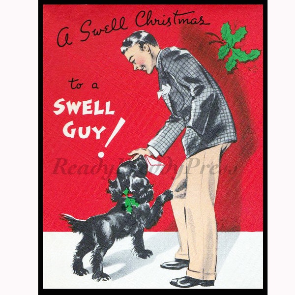 Single Christmas Notecard/ Holiday Art Deco Vintage Image / Hansome Fella/ Man & his Dog/ "Swell Guy"/ Single Card with Envelope