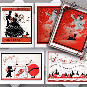 Tarjetas navideñas, festivas, con imágenes vintage, pájaros, Papá Noel, parejas, estilo art déco, encantadoras, nostalgias, 8 tarjetas en blanco con sobres