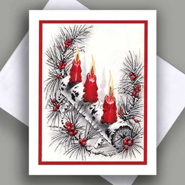 SALE Single Notecard/ Vintage Image/Christmas/# Red Candles/ Birch candle Holder/Pine Branches/Decorative/ 1950s/Notecard with Envelope