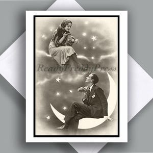 Carte de correspondance pour une seule/image vintage/ amoureux/ années 30/ couple/ lune et étoiles/ souffler un baiser/ carte seule avec enveloppe
