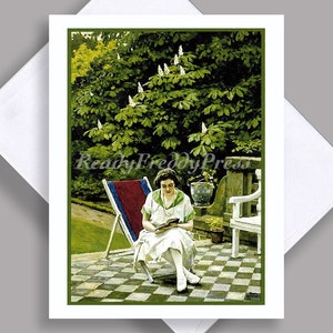 VENDA Único Notecard/Leitura/Jovem/Ilustração vintage 1920/No jardim/Amante de livros/Livros/ /Cartão único com envelope