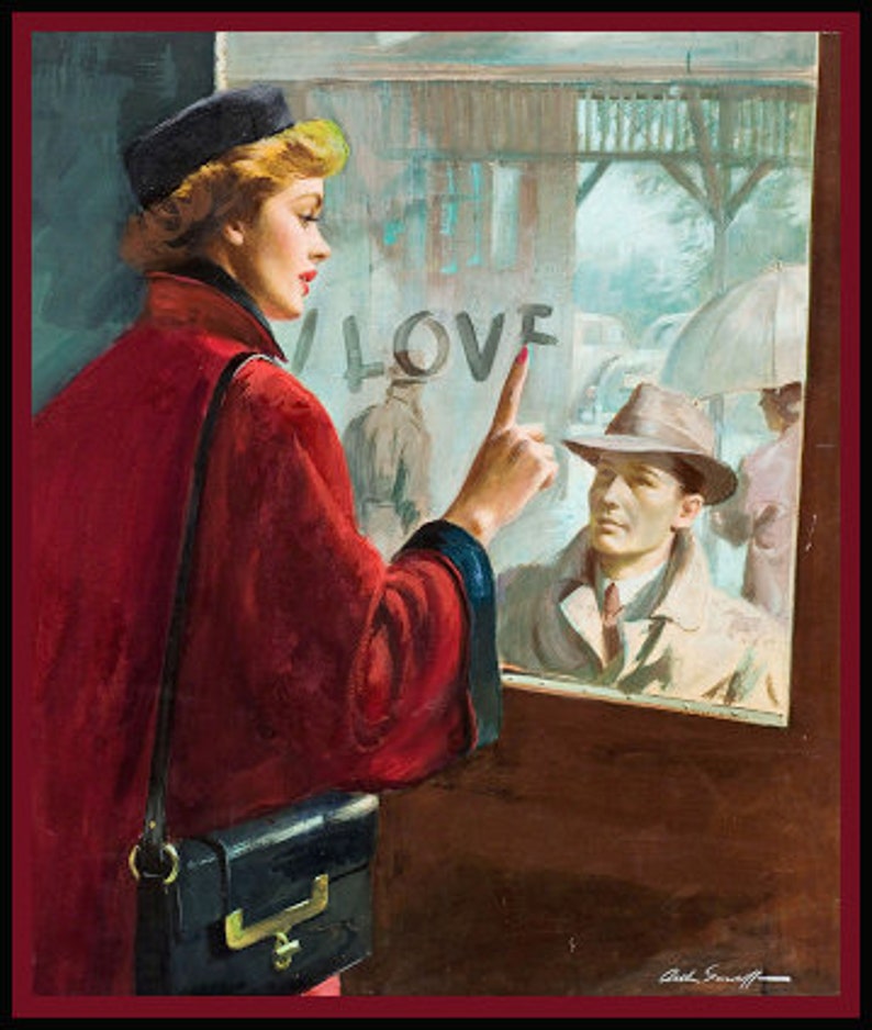 May include: A woman in a red coat and a black hat writes "I LOVE" on a window pane while a man in a brown hat looks at her from the other side.